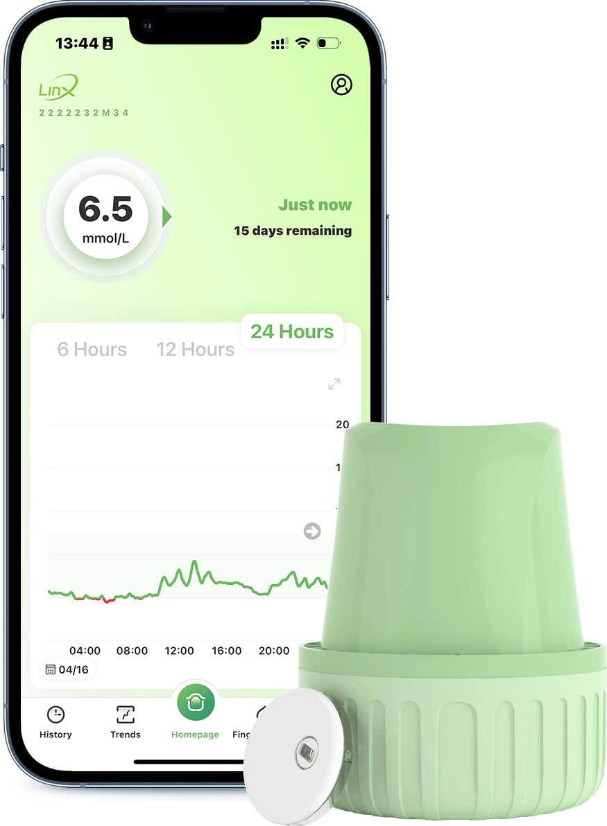 LinX app showing a glucose reading