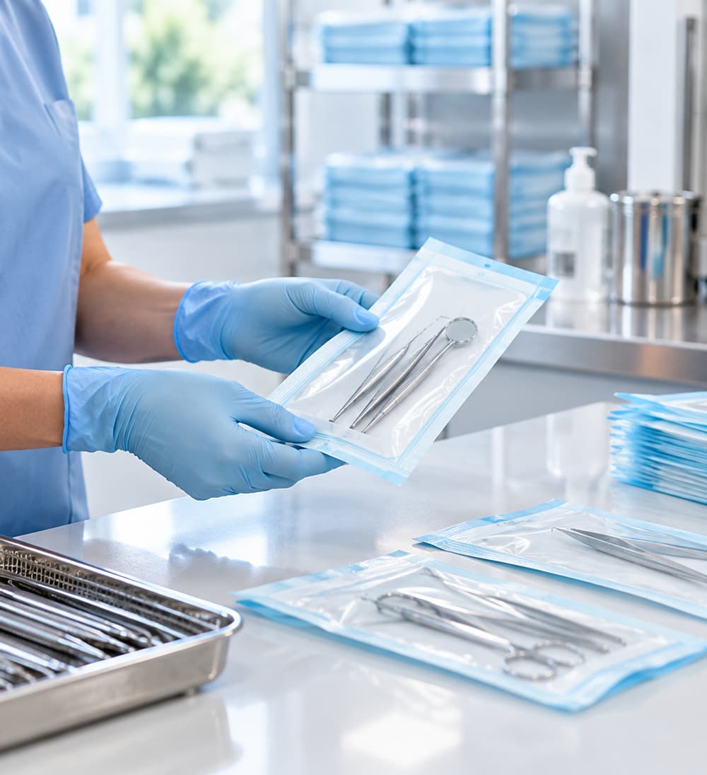 A clinician placing instruments into a sterilization pouch