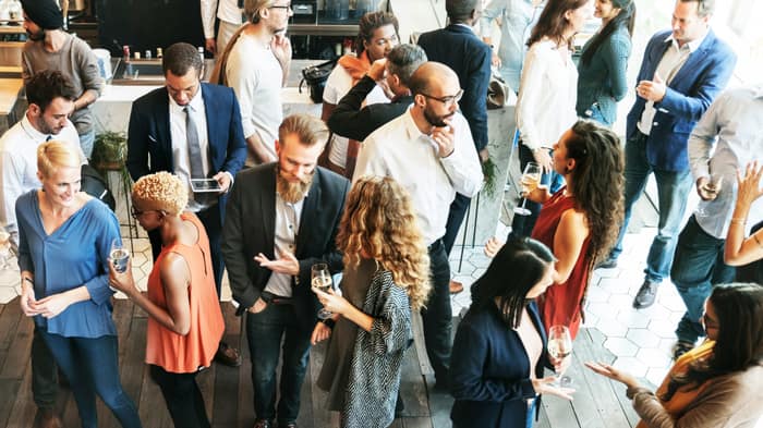 A busy conference exhibition floor